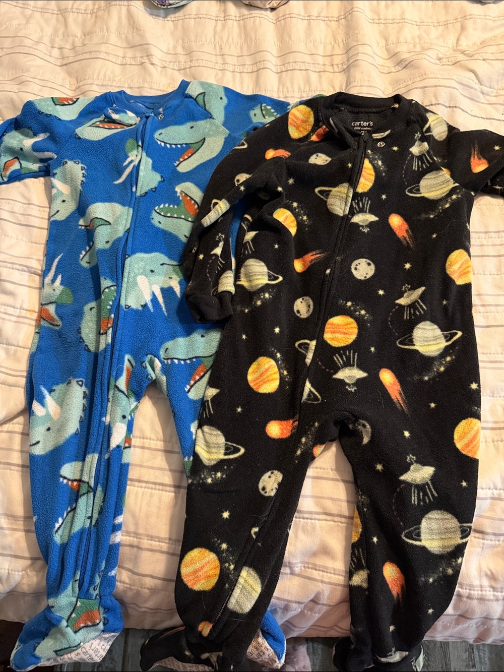 Carter's Black Space & Blue Dinosaur Fleece One-Piece Footies
